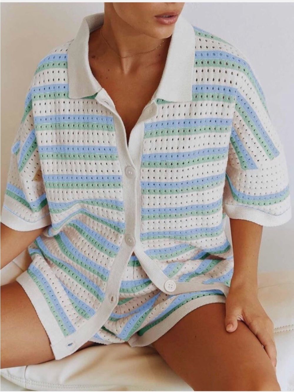 Striped Knit Button-Up Top & Shorts Set - White, Light Blue, Soft Green